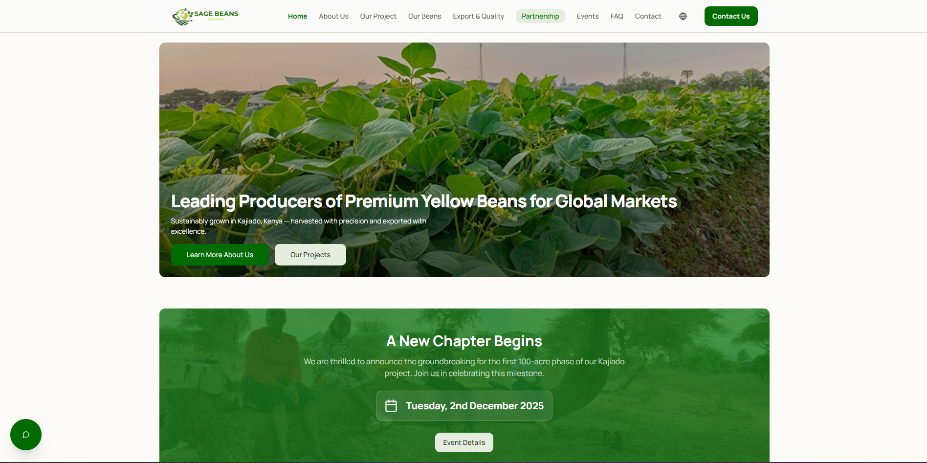 Sage Beans Export website — yellow bean agricultural exporter, Kajiado Kenya