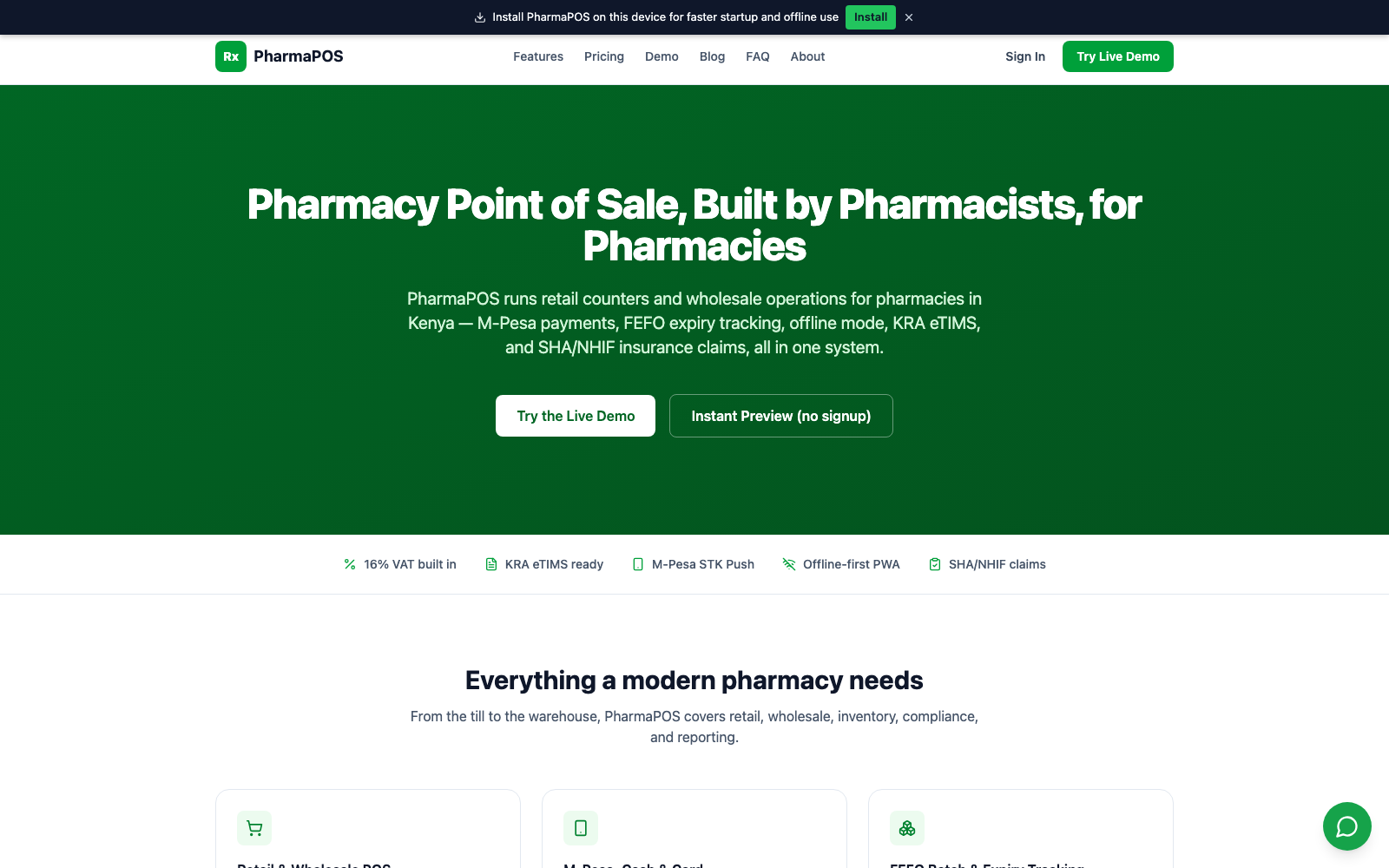 PharmaPOS website — Pharmacy Point-of-Sale SaaS